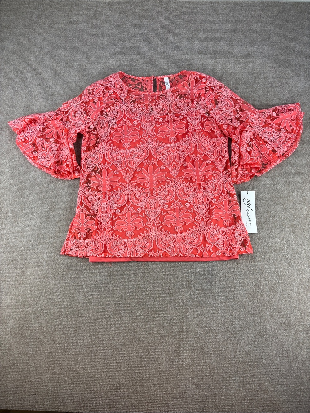 NY Collection Women's Coral Lace Lined Pullover Bell-Sleeve Blouse Size PS NWT